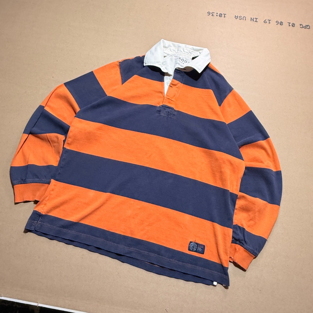 Vintage Izod Rugby Shirt Medium Orange Blue Excellent Long Sleeve Striped Cotton